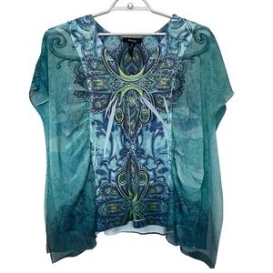 Style‎ & Co Paisley Print Sheer Overlay Blouse Kimono Sleeve 2X Blue Studded Y2K